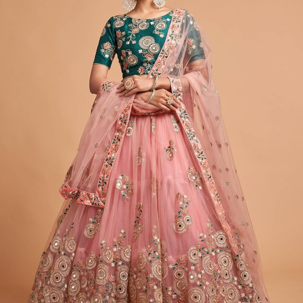 Embroidered Pink and Green Lehenga